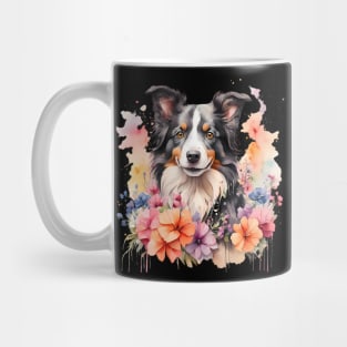 A border collie decorated with beautiful watercolor flowers Mug